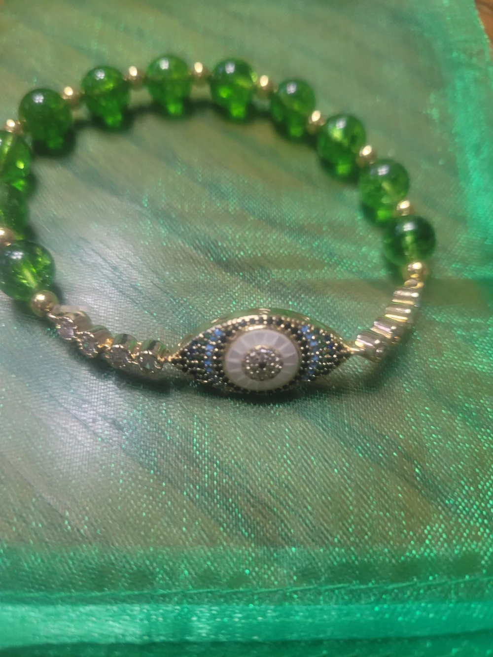 Natural Peridot Green Beaded Evil Eye Stretch Bracelet - Gold Accent